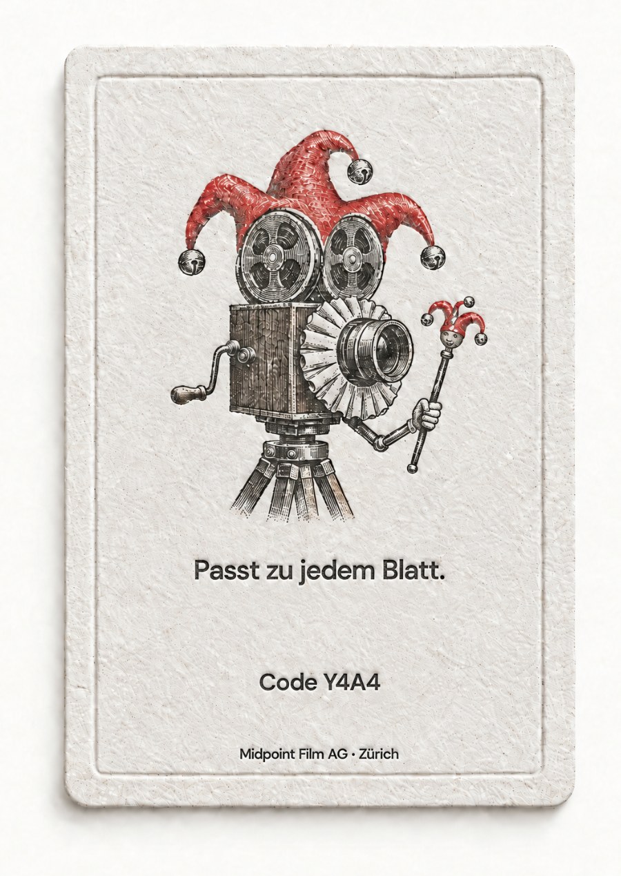Rückseite: eine Filmkamera als Joker verkleidet. Passt zu jedem Blatt. Code Y4A4.